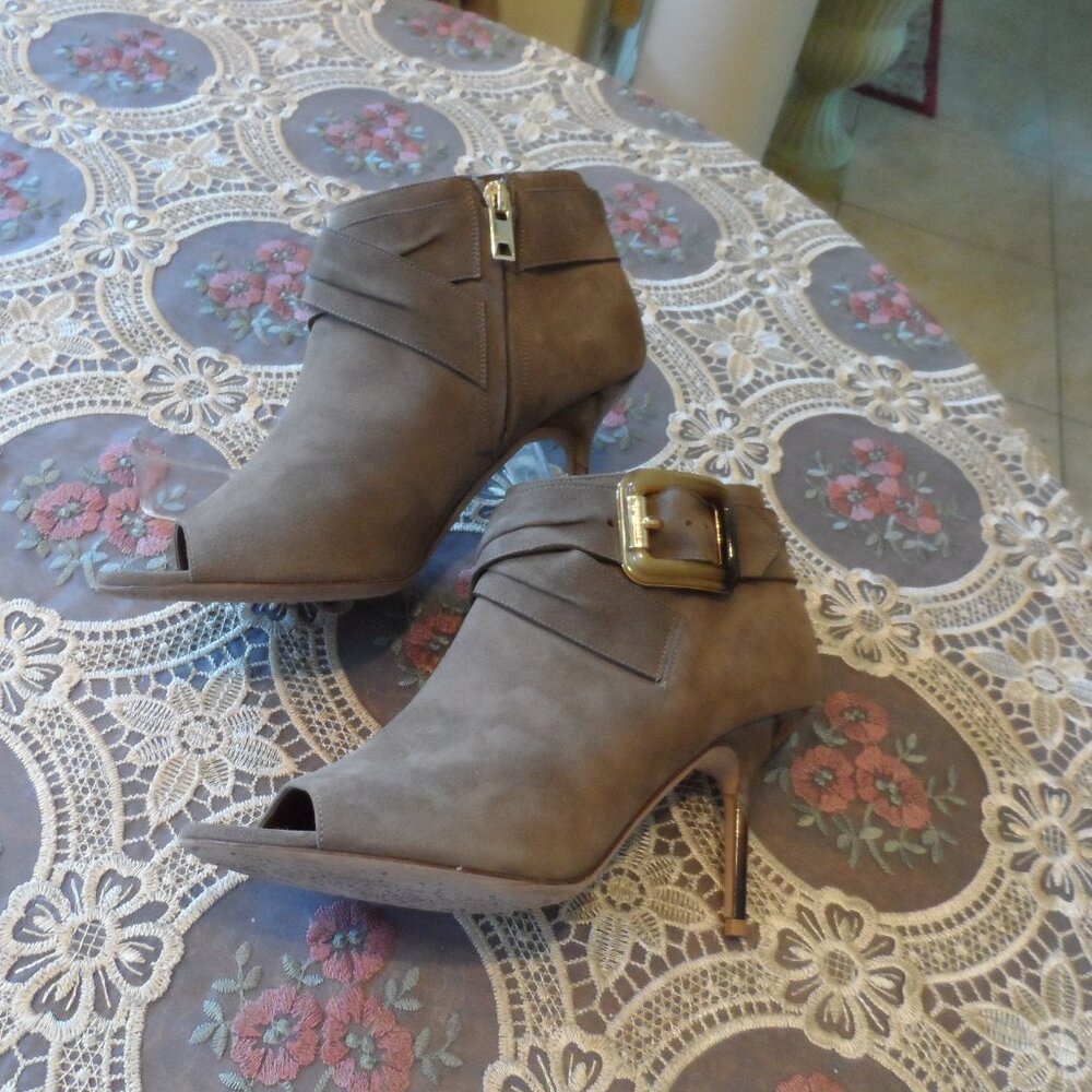 Burberry Taupe Suede Peep Toe Ankle Boots w/Buckle Detail Size 37.5M